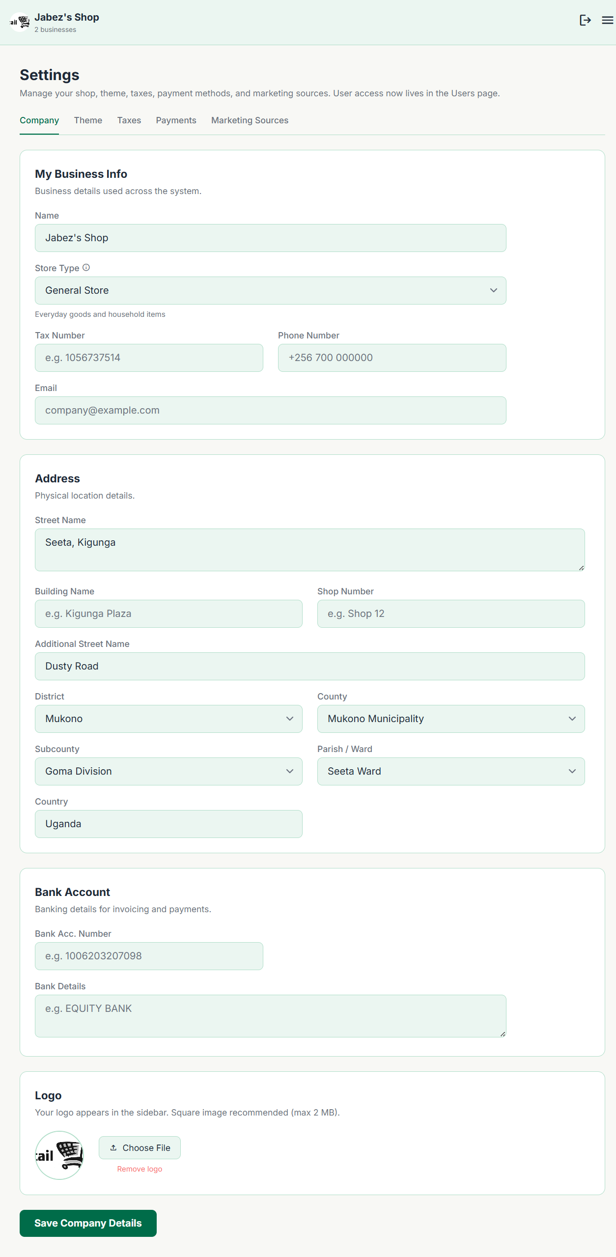 Settings page in MyShop