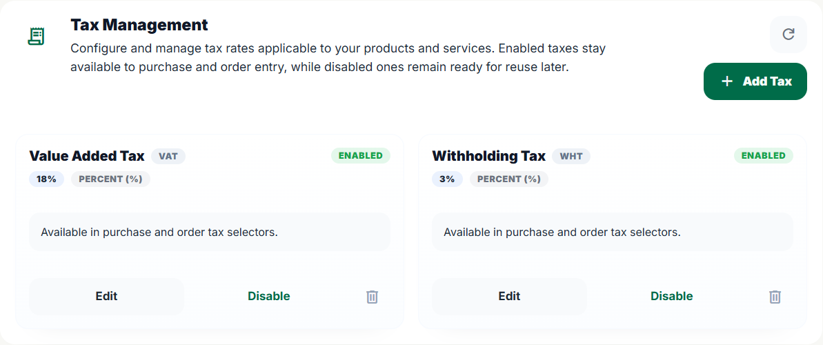 Taxes tab in MyShop settings