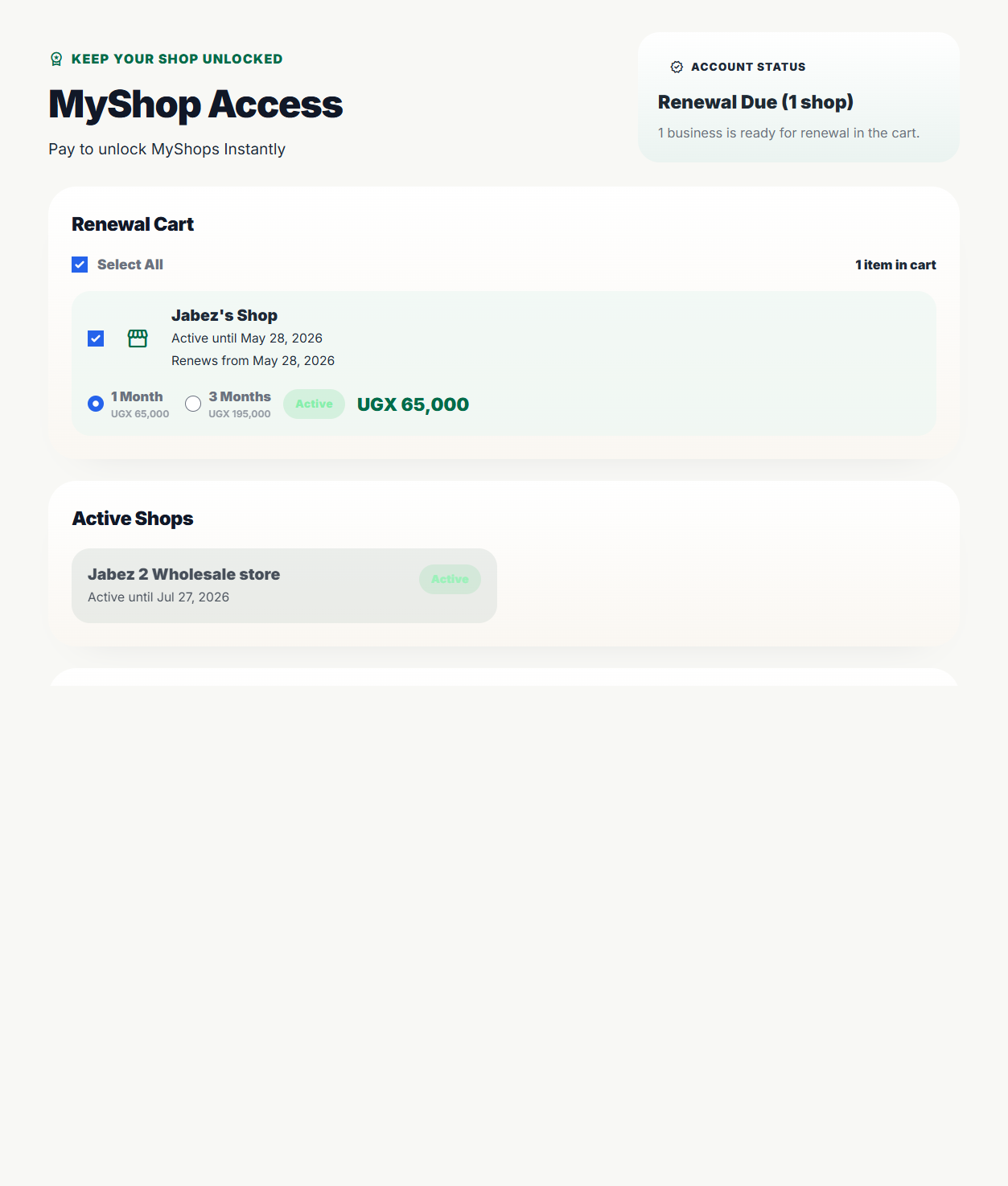 Subscription overview page in MyShop