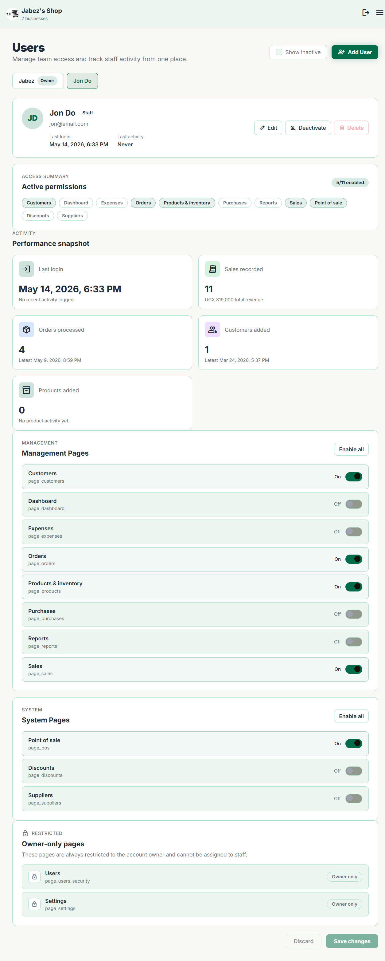Users page in MyShop
